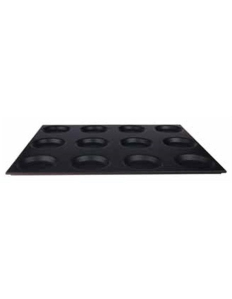 Bandeja de horno Gastronorm antiadherente con 12 moldes, diámetro 12,5 cm, 53 x 65 cm, altura 2 cm.