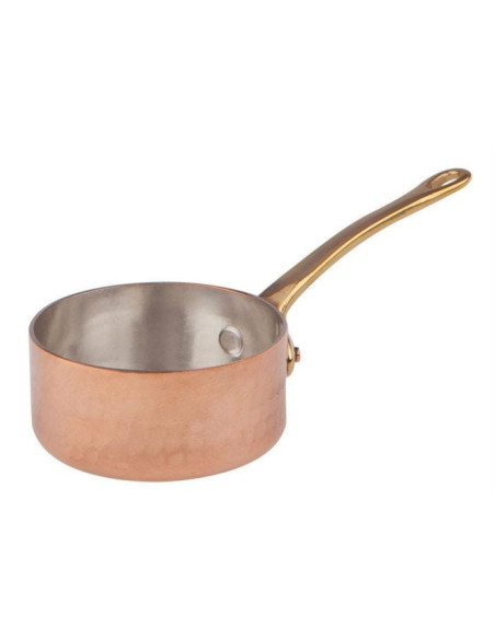 Cacerola baja de 1932 en cobre martillado con mango de latón, diámetro 7 cm.