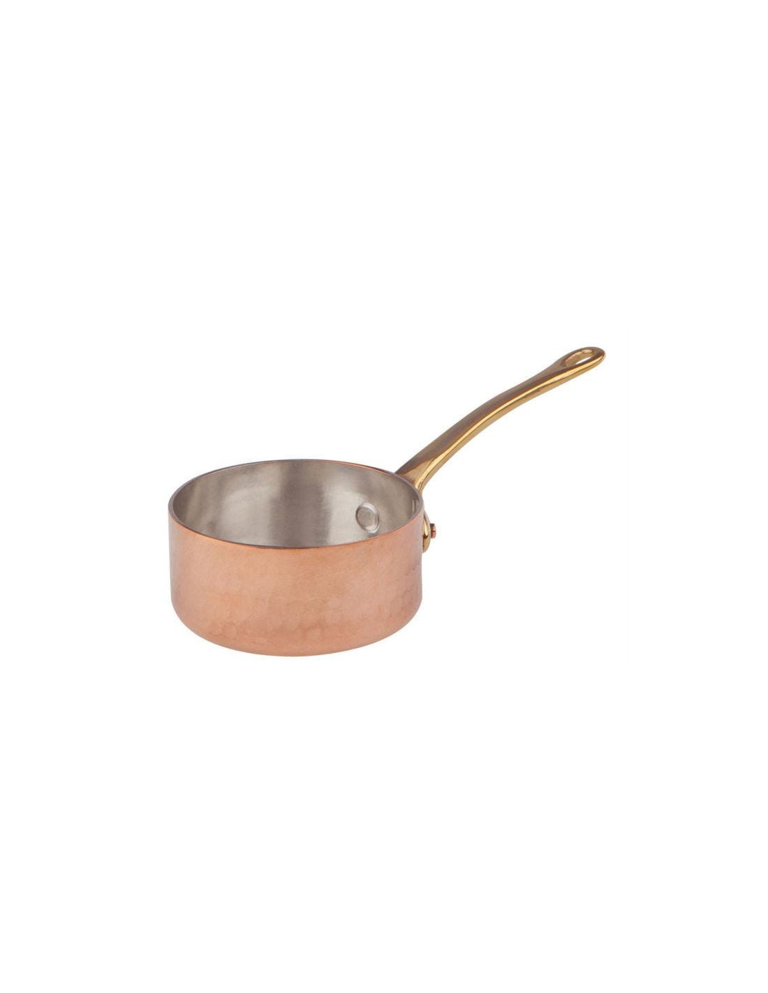 Cacerola baja de 1932 en cobre martillado con mango de latón, diámetro 7 cm.
