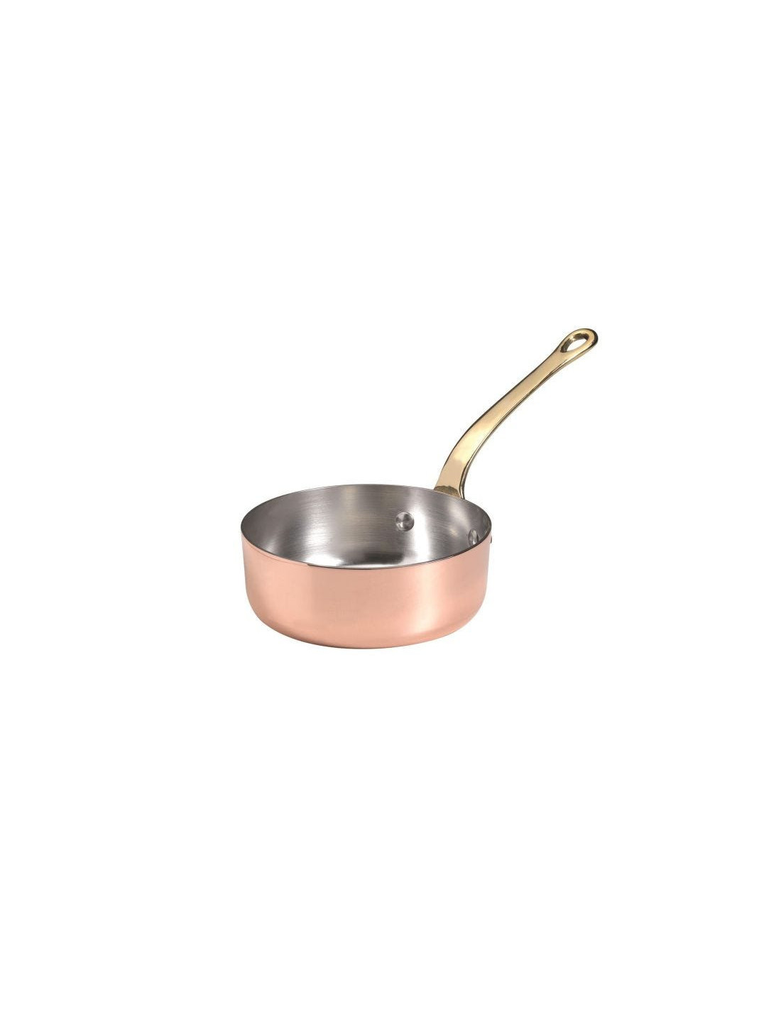 Cacerola baja de cobre, 1932, con mango de latón, diámetro 14 cm.