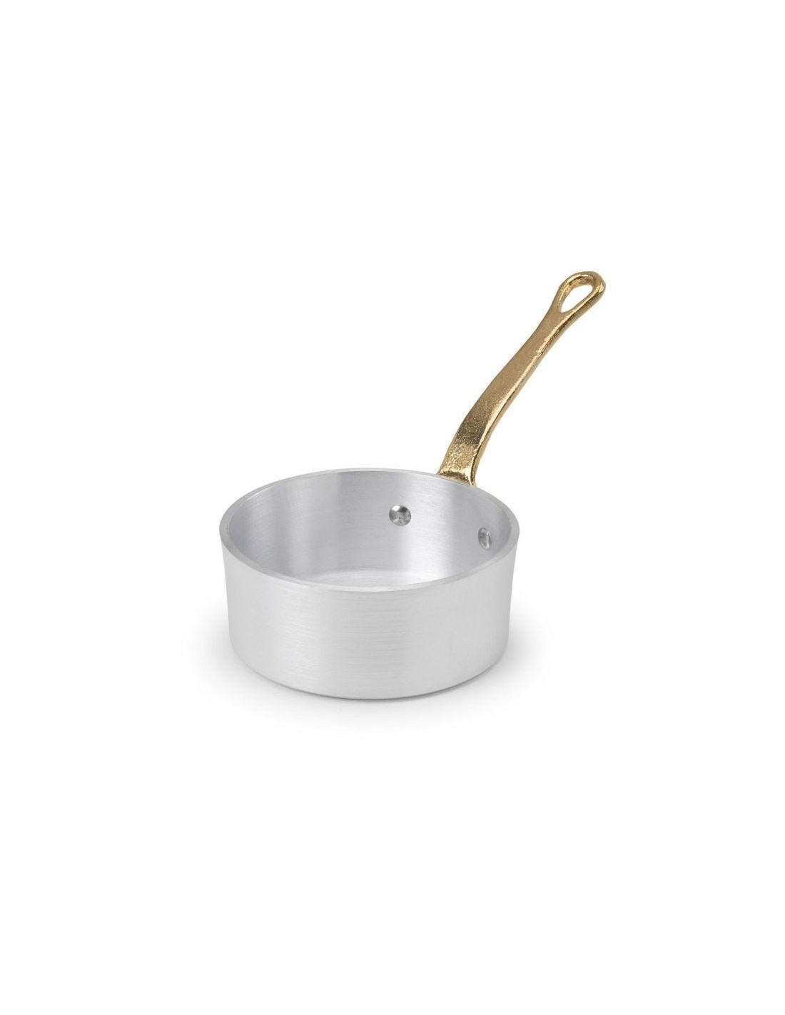 Cacerola baja de aluminio de 1932 con mango de latón, diámetro 10 cm.