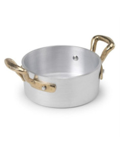 Cacerola baja de aluminio de 1932 con dos asas de latón, diámetro 10 cm.