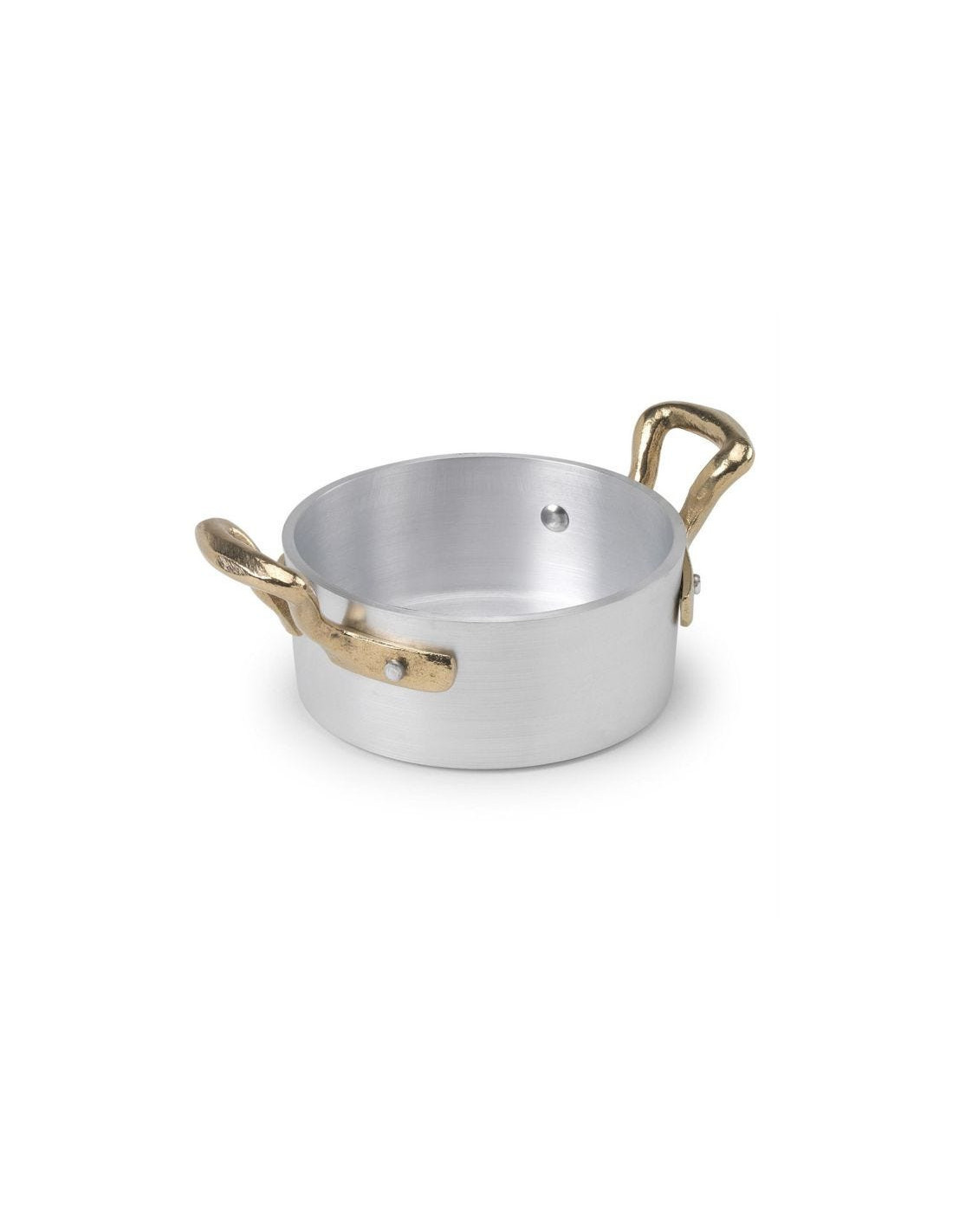 Cacerola baja de aluminio de 1932 con dos asas de latón, diámetro 10 cm.