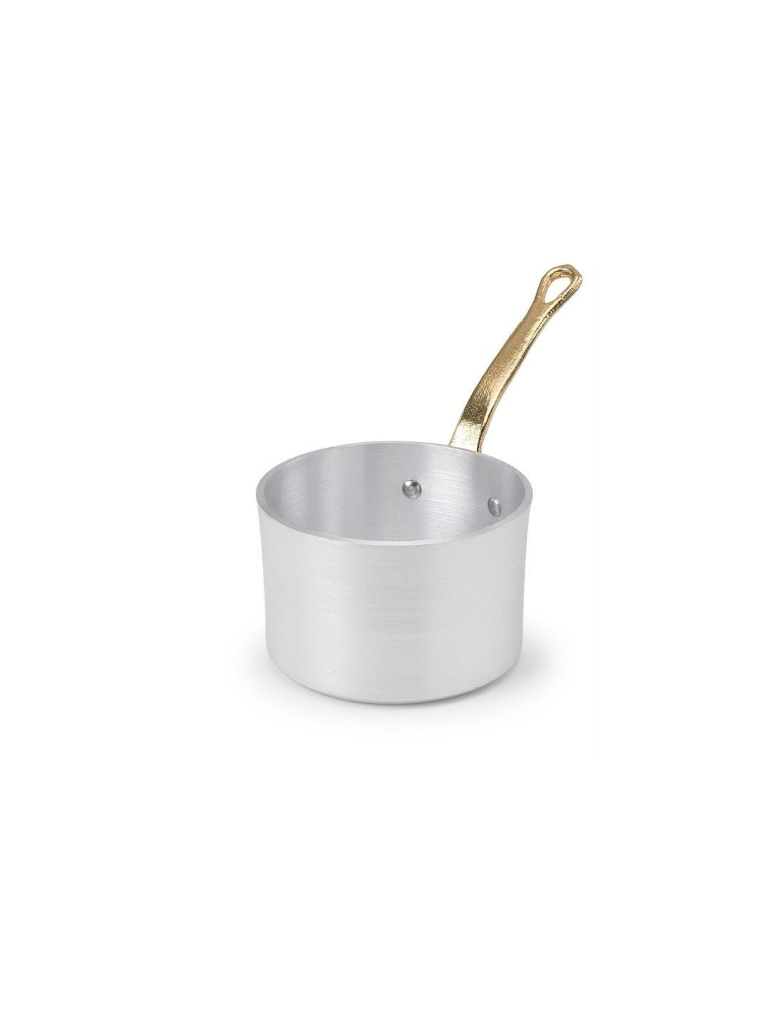 Cacerola alta de aluminio de 1932 con mango de latón, diámetro 10 cm.
