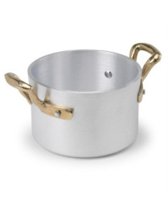 Cacerola alta de aluminio de 1932 con dos asas de latón, diámetro 10 cm.