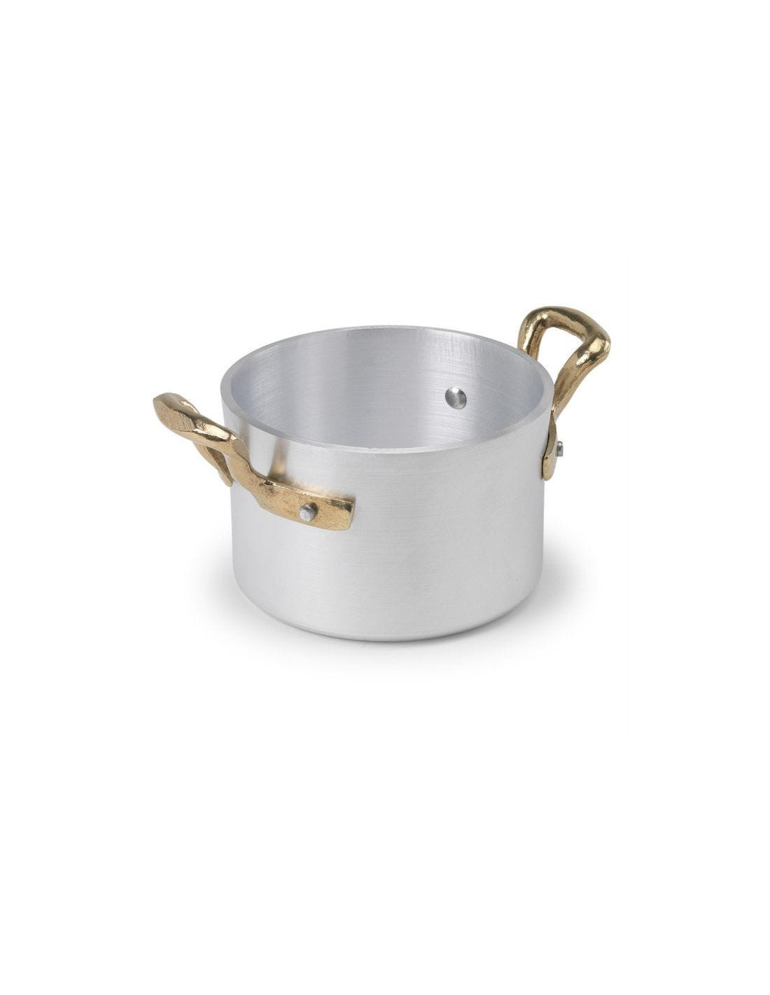 Cacerola alta de aluminio de 1932 con dos asas de latón, diámetro 10 cm.