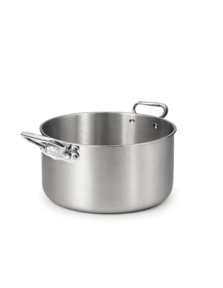 Cacerola alta en aluminio-inox triple acabado satinado, para inducción con dos asas, diámetro 28 cm.