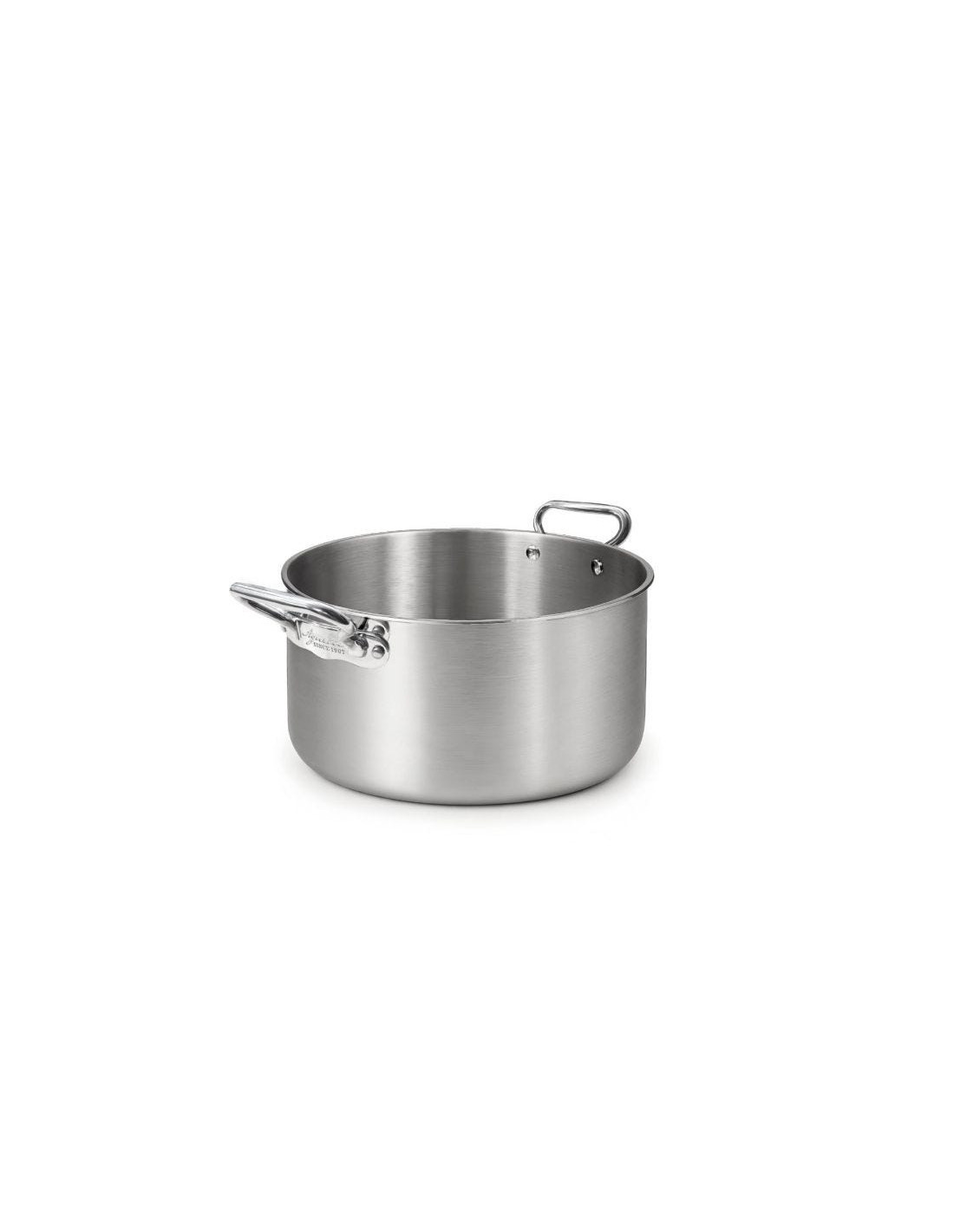 Cacerola alta en aluminio-inox triple acabado satinado, para inducción con dos asas, diámetro 28 cm.