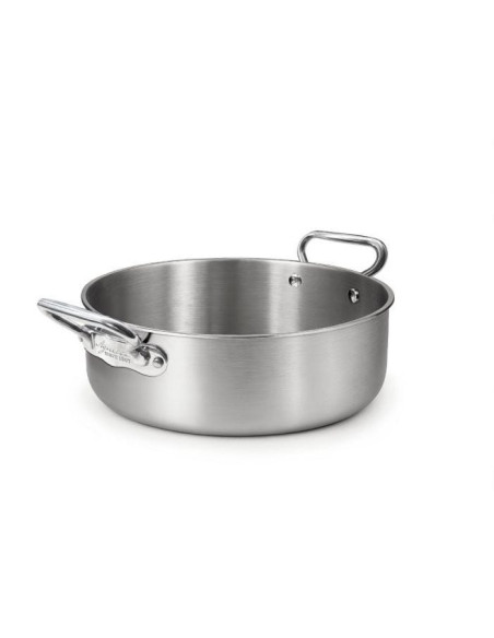 Cacerola baja en aluminio-inox triple acabado satinado, para inducción con dos asas, diámetro 32 cm.