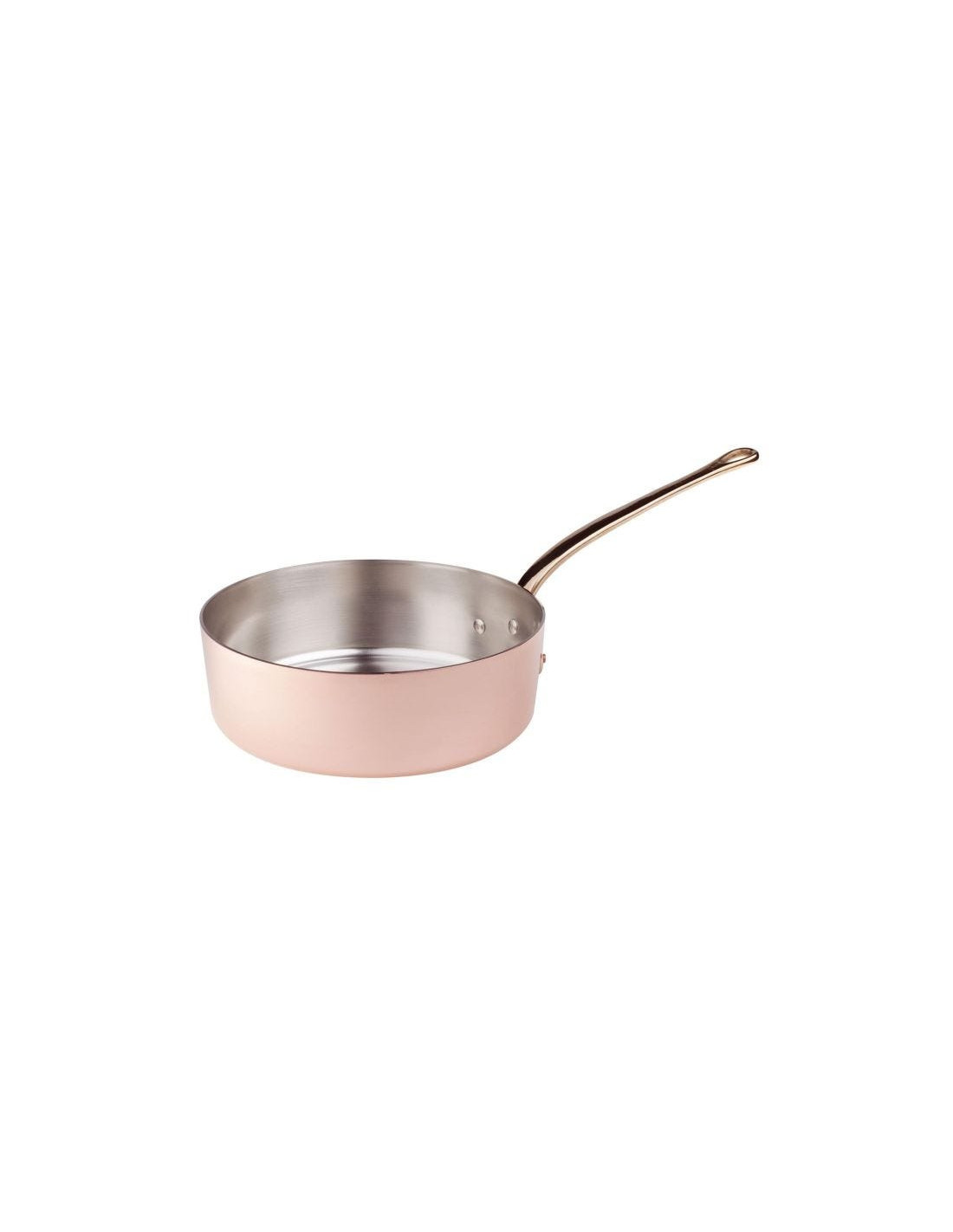 Cacerola baja de cobre liso con mango de latón fundido, diámetro 22 cm.