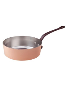 Cacerola baja de cobre liso estañado a mano de 2 mm, un mango de latón fundido, diámetro 20 cm