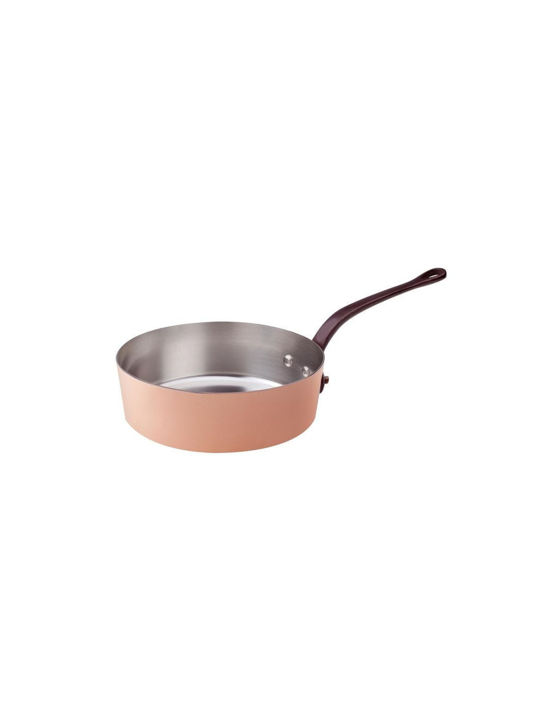 Cacerola baja de cobre liso estañado a mano de 2 mm, un mango de latón fundido, diámetro 20 cm