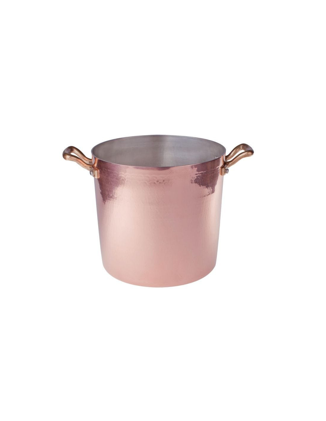 Olla alta de cobre martillado y estañado a mano de 2 mm, dos asas de latón, diámetro 20 cm.