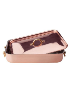 Bandeja rectangular para asar en cobre liso estañado a mano de 2 mm con tapa, dos asas de latón, tamaño 32X23cm