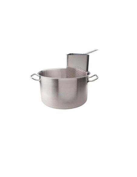 Cacerola de inducción de acero inoxidable con 4 coladores altos de 40 cm de diámetro.