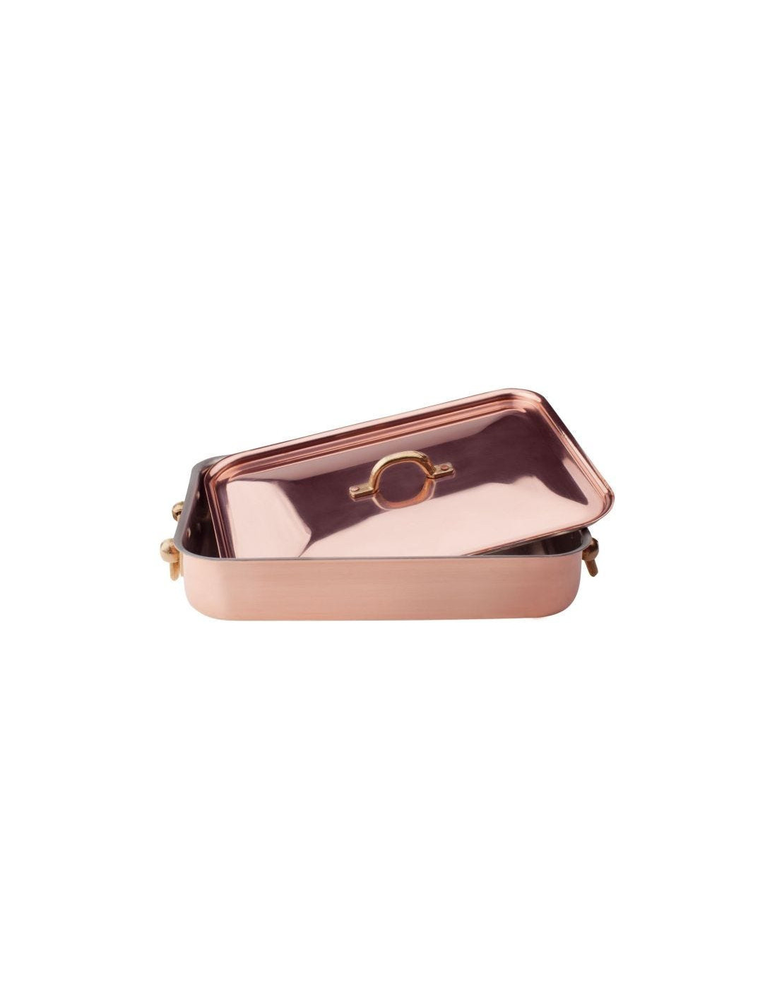 Bandeja rectangular para asar en cobre liso estañado a mano de 2 mm con tapa, dos asas de latón, tamaño 36x26cm