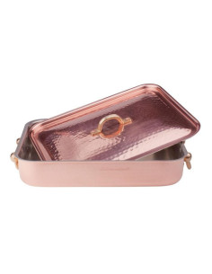 Bandeja rectangular para asar en cobre martillado y estañado a mano de 2 mm con tapa, dos asas de latón, tamaño 36x26cm