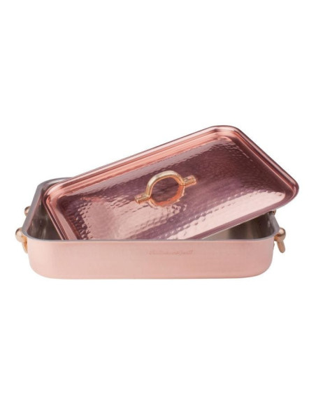 Bandeja rectangular para asar en cobre martillado y estañado a mano de 2 mm con tapa, dos asas de latón, tamaño 36x26cm