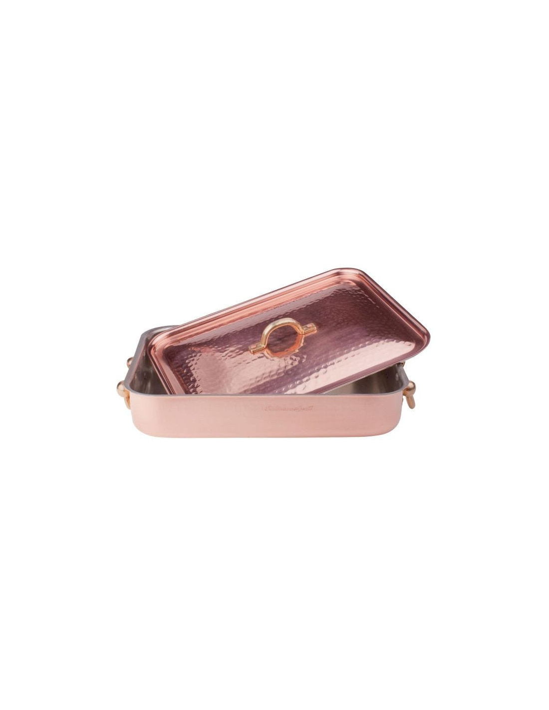 Bandeja rectangular para asar en cobre martillado y estañado a mano de 2 mm con tapa, dos asas de latón, tamaño 36x26cm