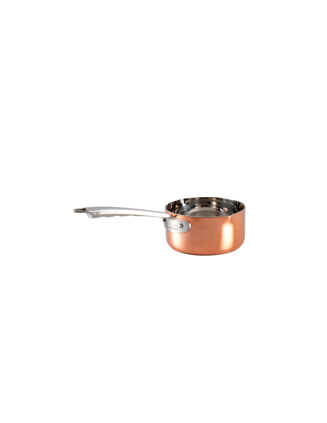 Cacerola alta en trilaminado de cobre para inducción con un asa y dos caños, diámetro 12 cm.