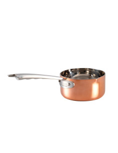 Cacerola alta en trilaminado de cobre para inducción con un asa y dos caños, diámetro 14 cm.