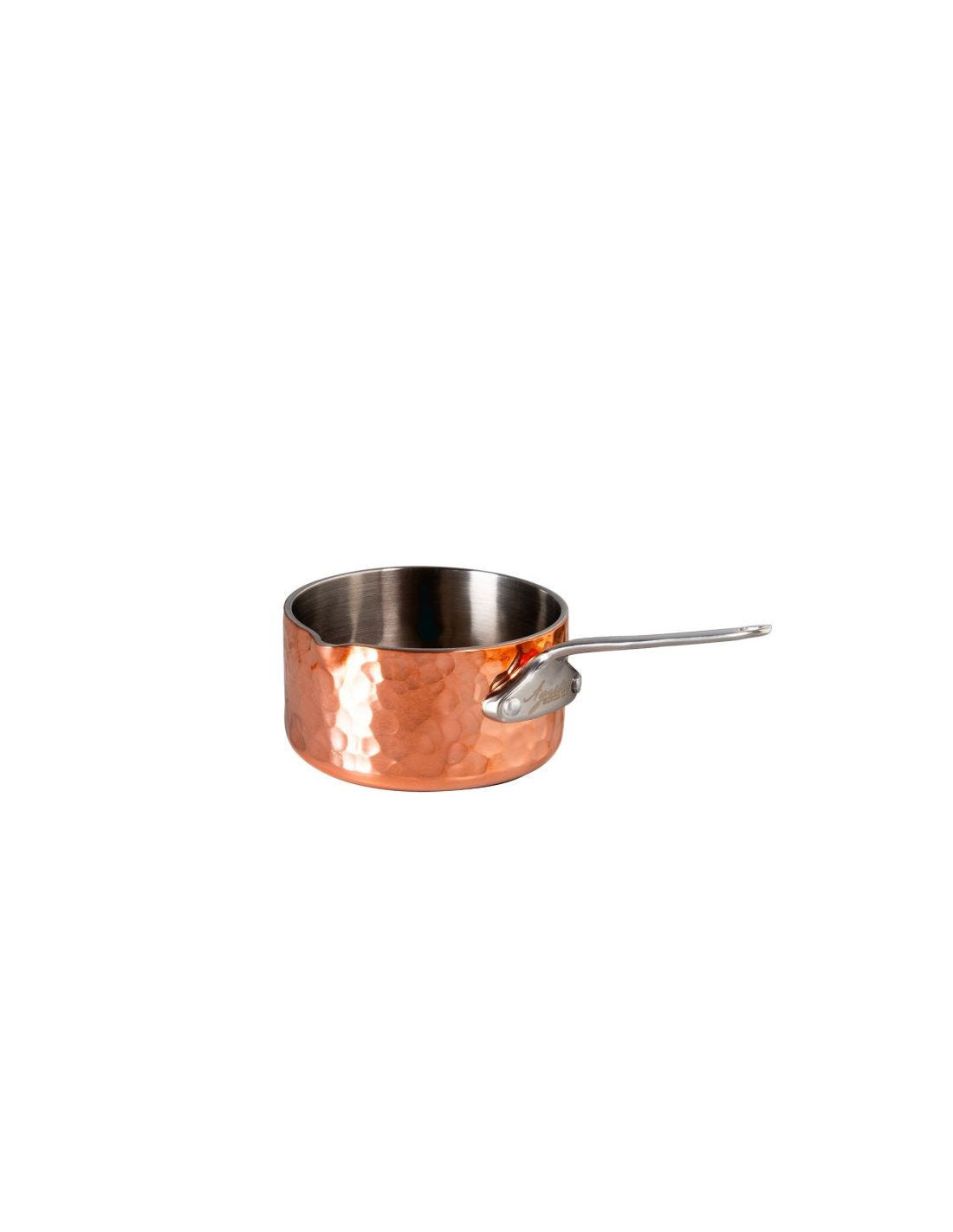 Cacerola de cobre martillado para servir, con pico a la derecha, un asa, diámetro 5 cm.